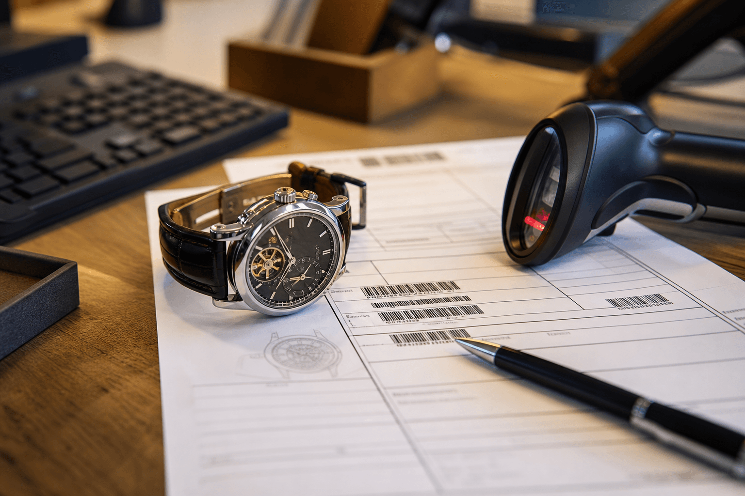 A prepared luxury watch with documentation ready for dispatch