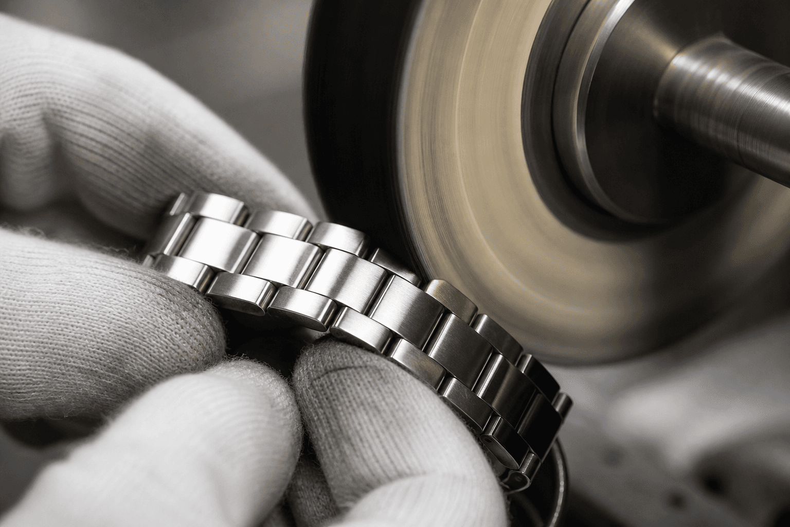 Gloved hands refinishing a metal watch bracelet