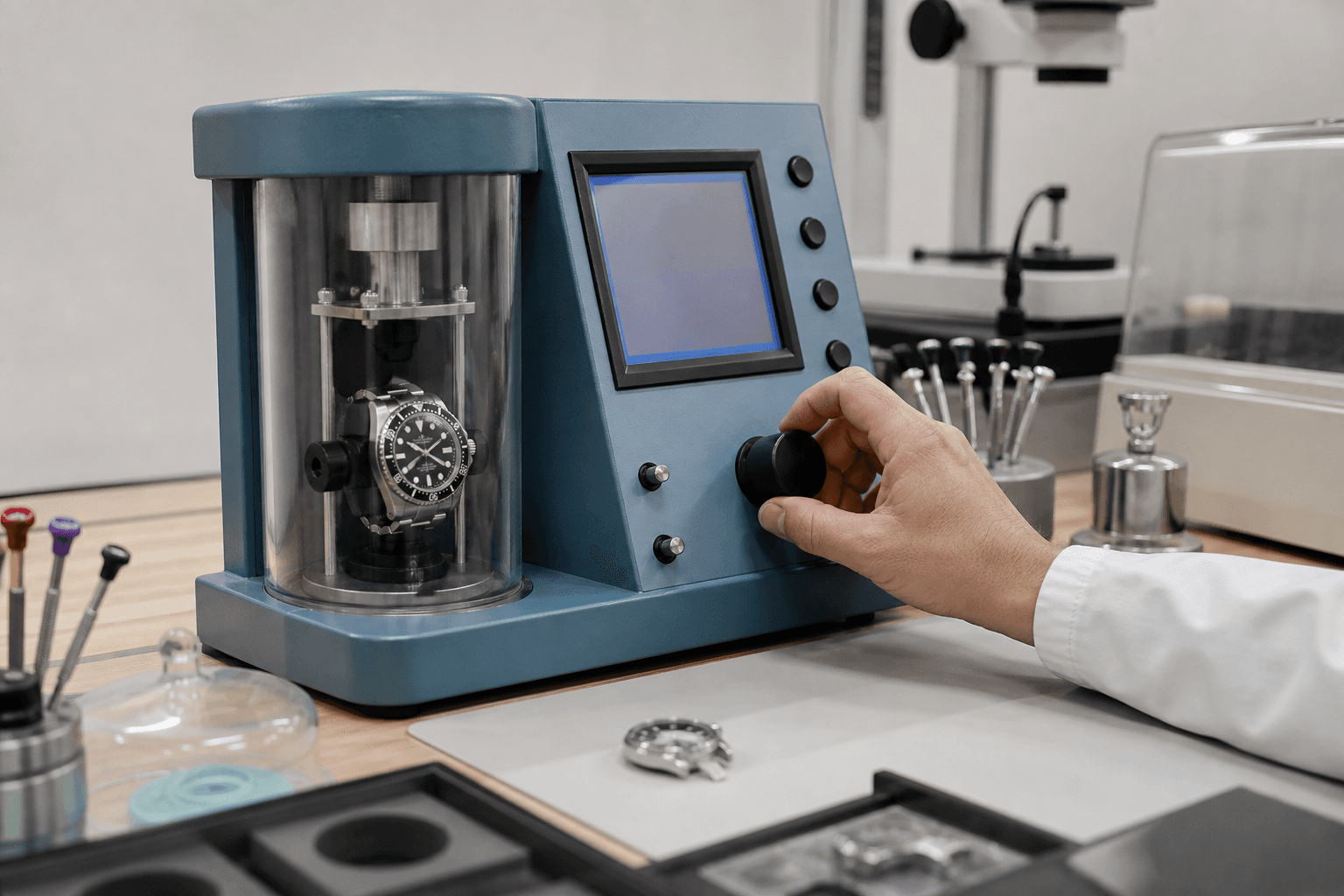 A watch being checked on precision timing equipment