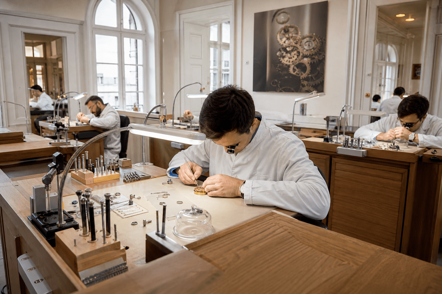 Watchmakers at work across a bright atelier