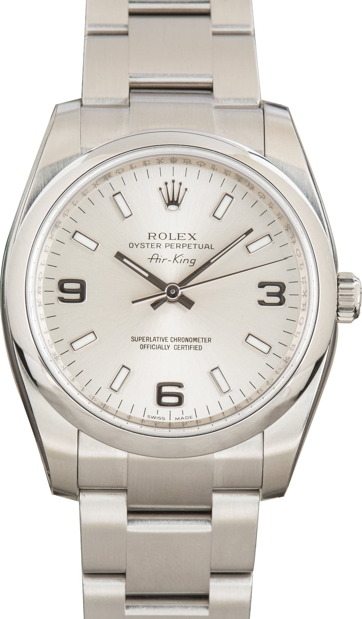 Factory Stickered Rolex Air-King Ref 114200 Silver Arabic Dial — view 1