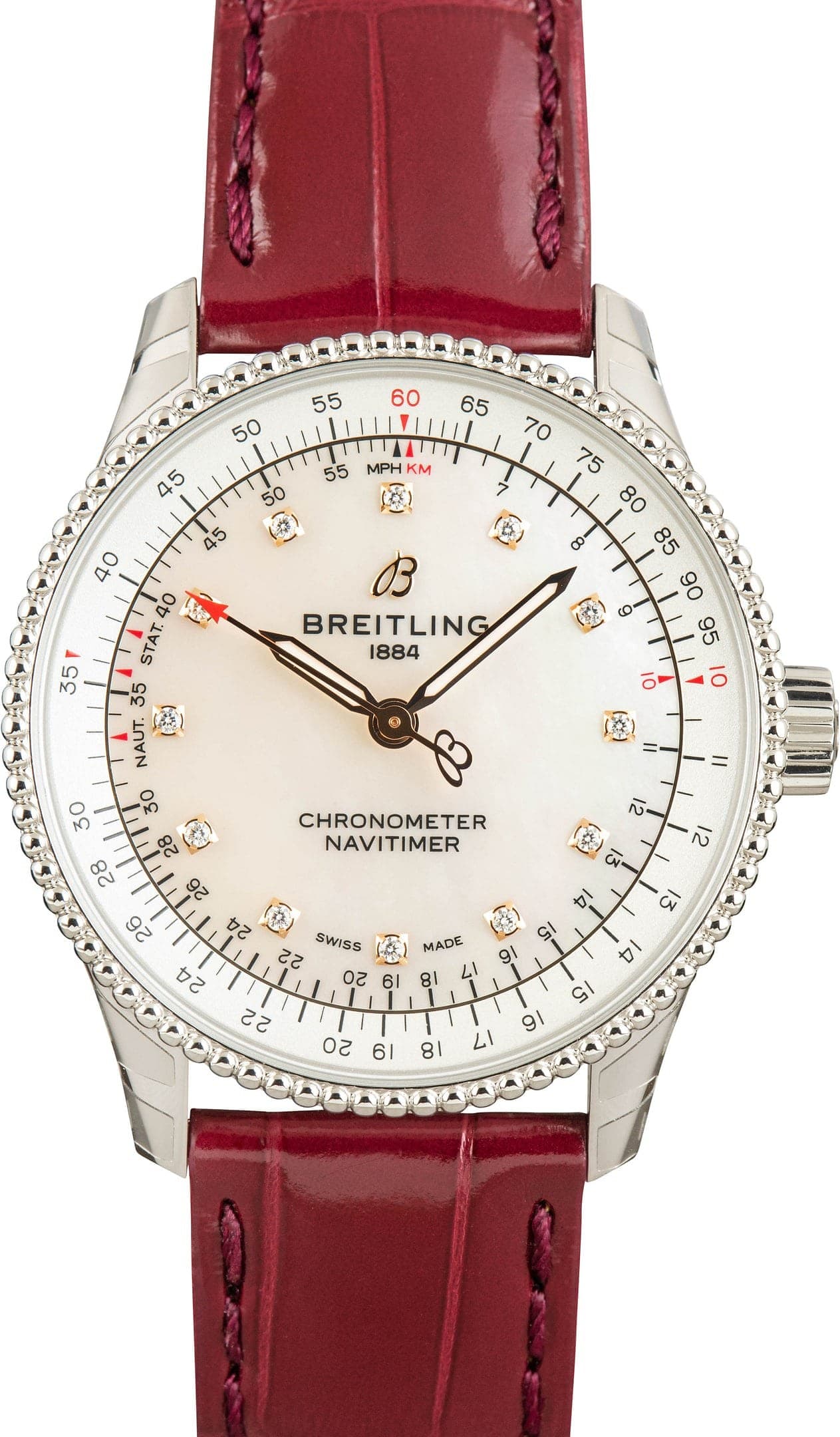 Breitling Navitimer Automatic 35 Mother of Pearl Dial on Burgundy Strap — view 1