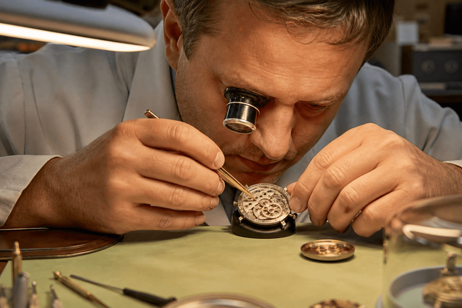 Watchmaker examining a movement through a loupe